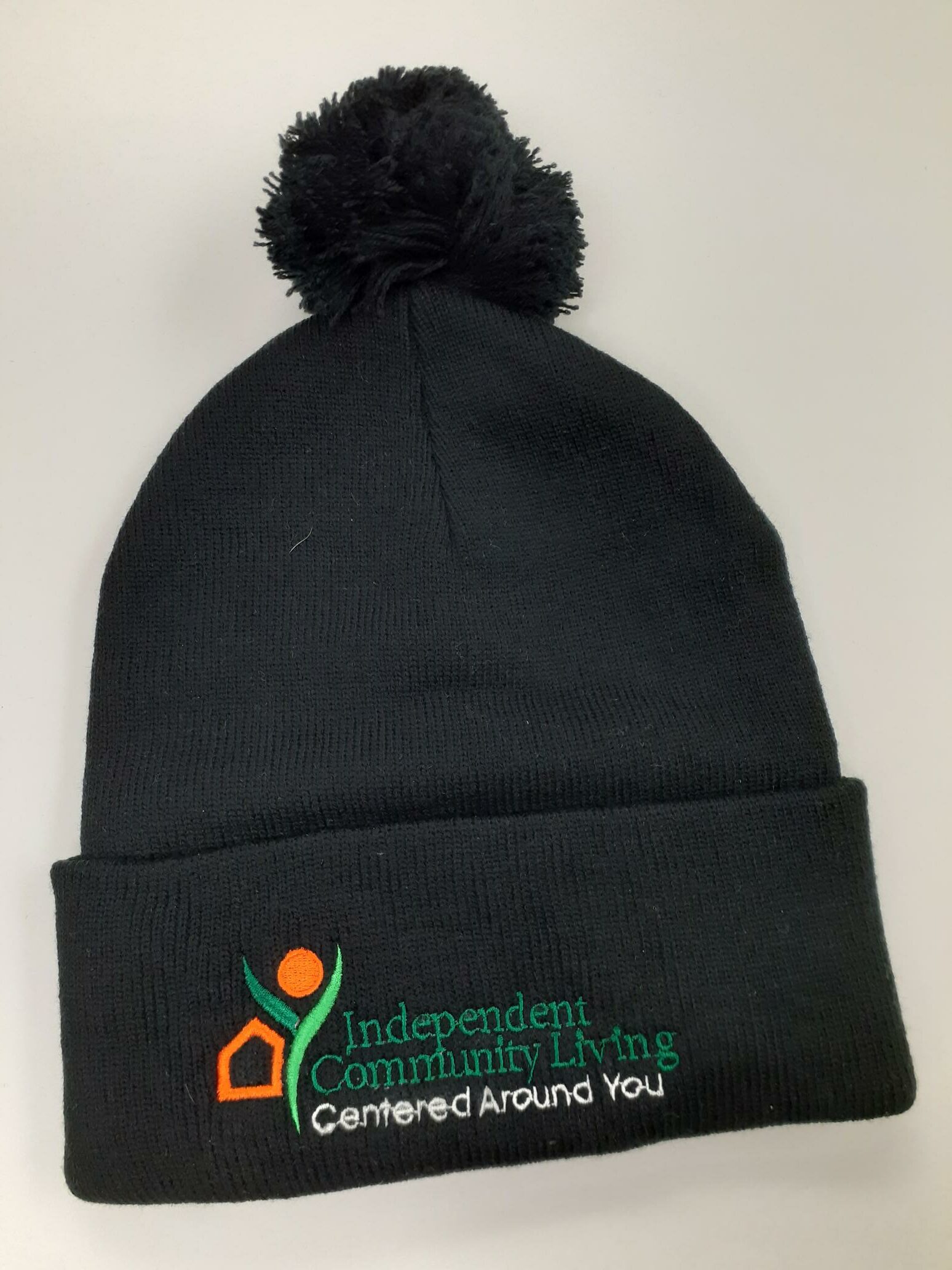 Black Pom Pon Hat with Embroidered Logo